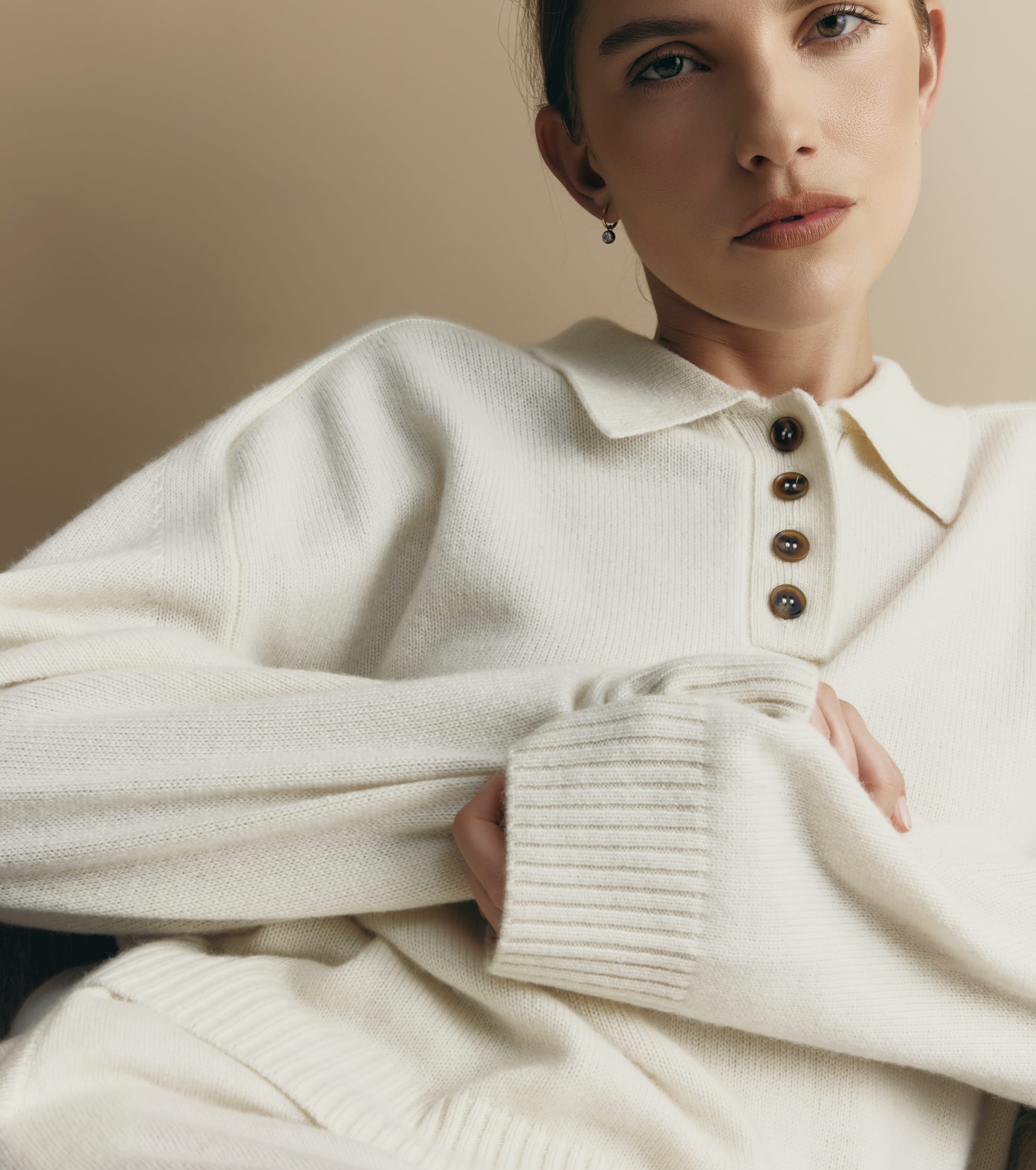 Cashmere Button Polo - Cream