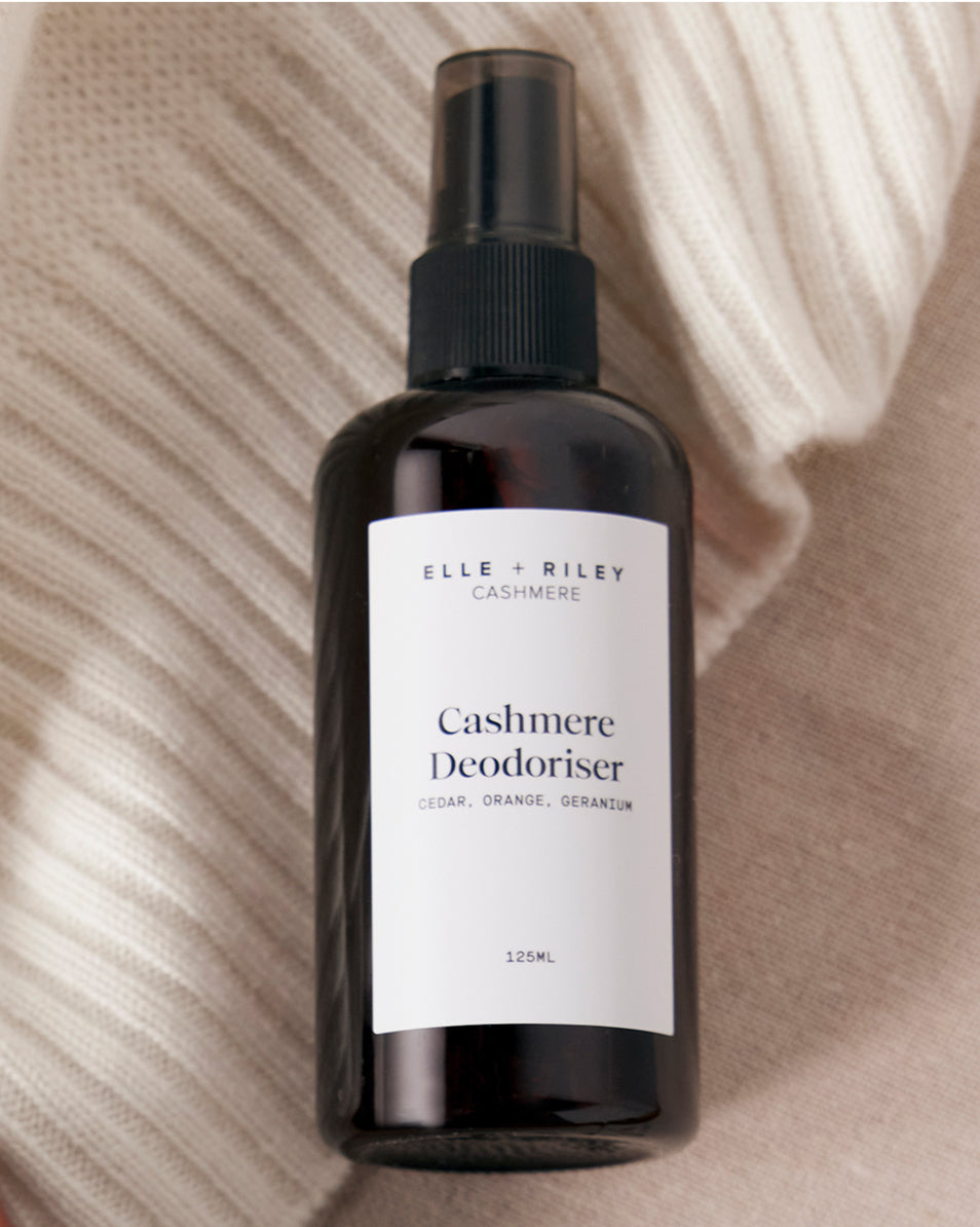 01. Preserve your cashmere between washes using Elle & Riley Cashmere Spray to remove any unwanted odours. To use spray 15cm away from your cashmere garment to lightly fragrance and freshen.