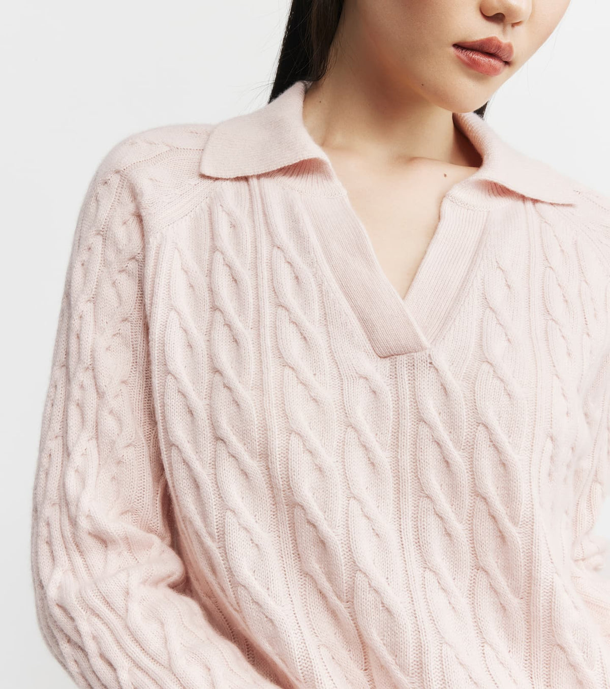 Cashmere Cable Polo - Powder Pink