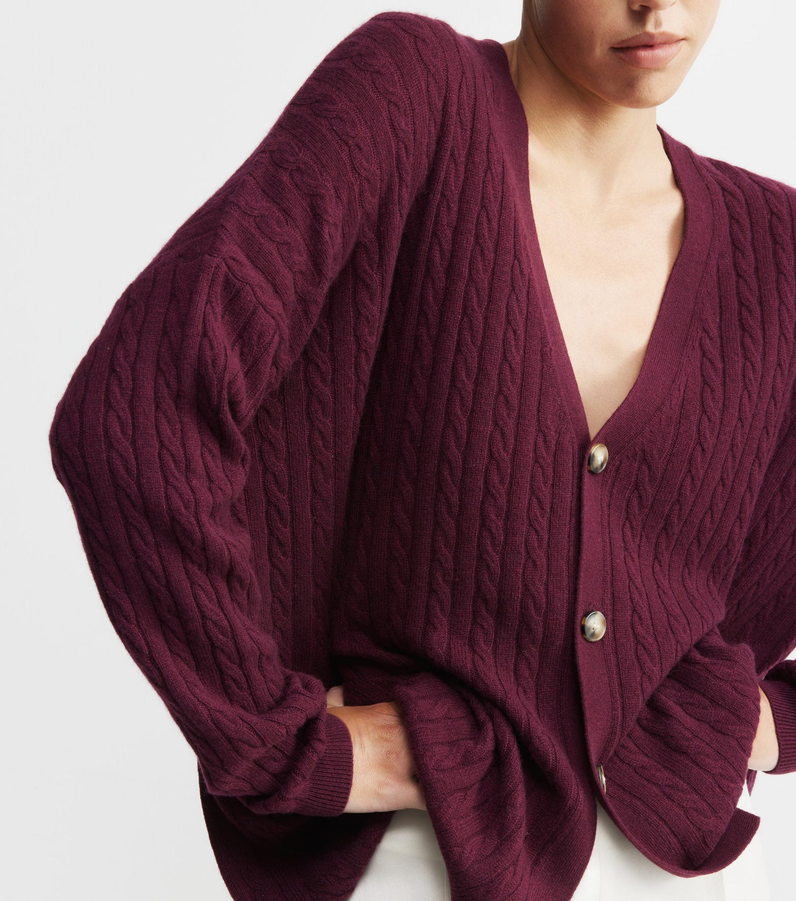 Relaxed Cashmere Cable Cardigan - Burgundy