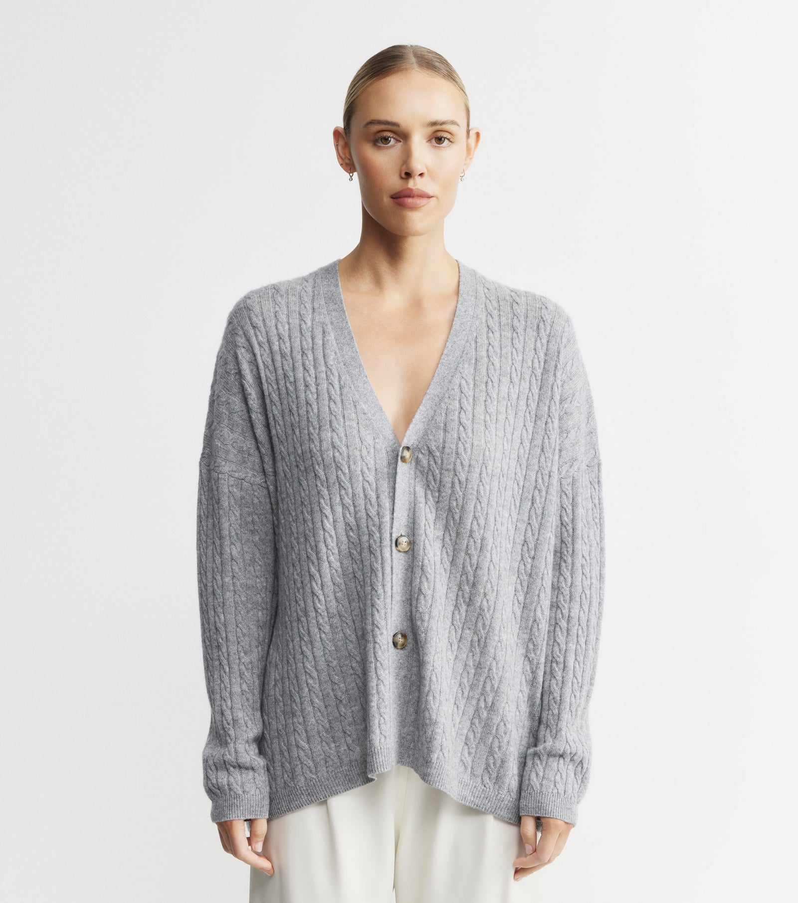 Relaxed Cashmere Cable Cardigan - Dark Grey Melange