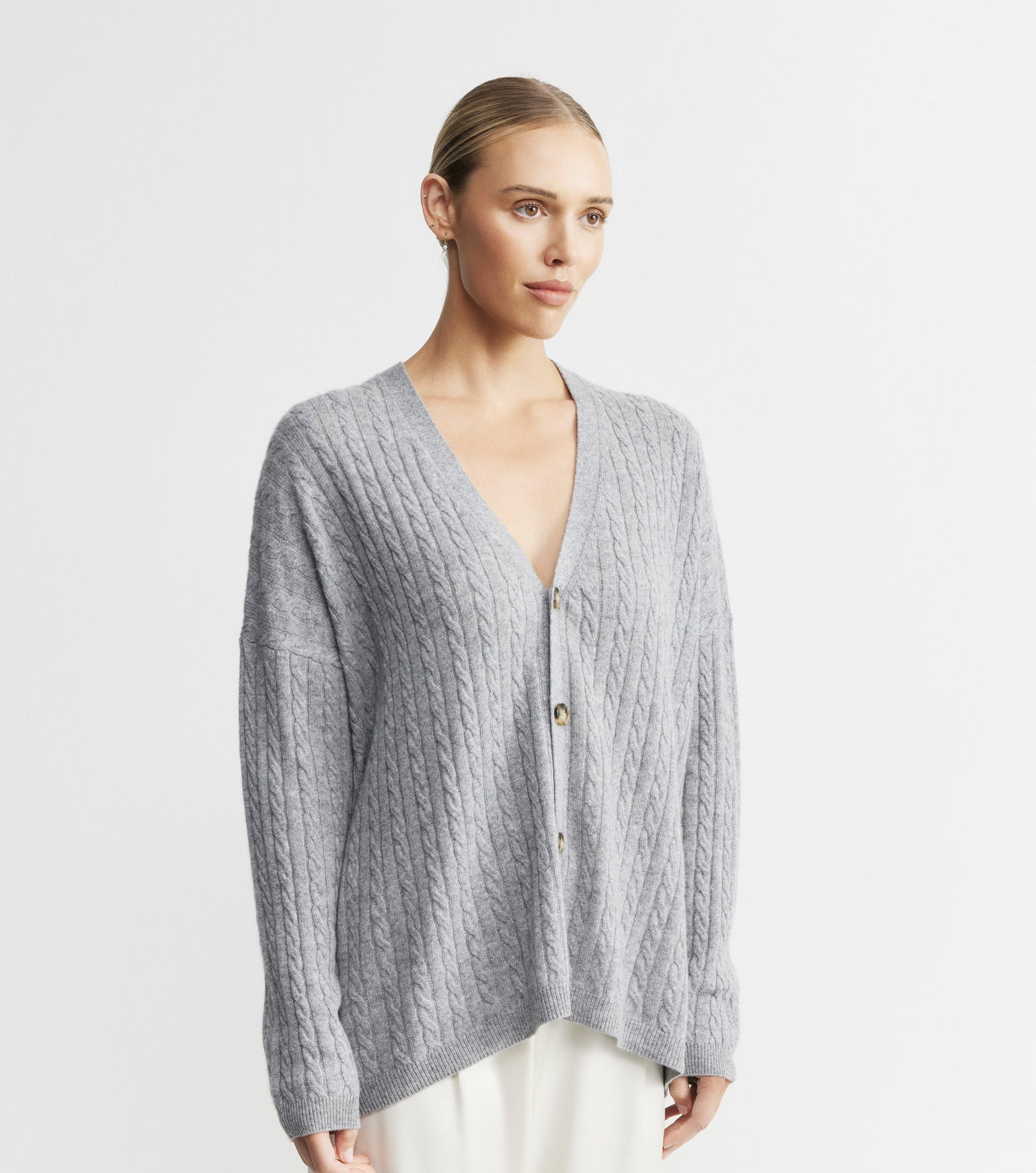 Relaxed Cashmere Cable Cardigan - Dark Grey Melange