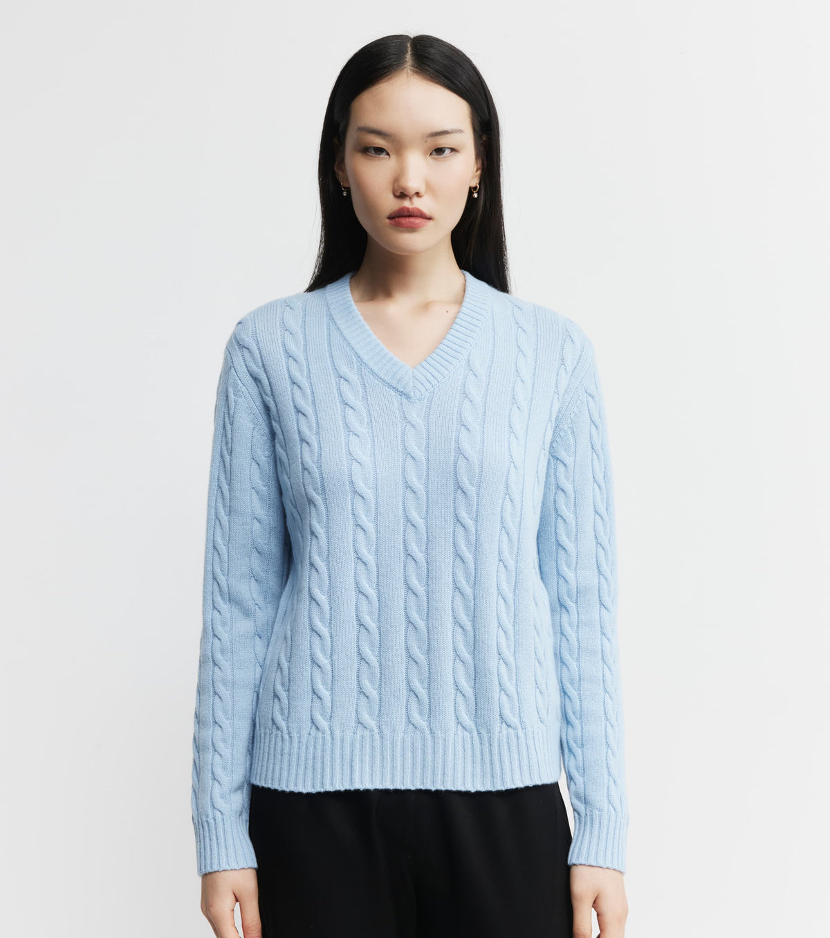 Cashmere Blue Cashmere Cable V Sweater - Pale Blue – Elle & Riley Cashmere