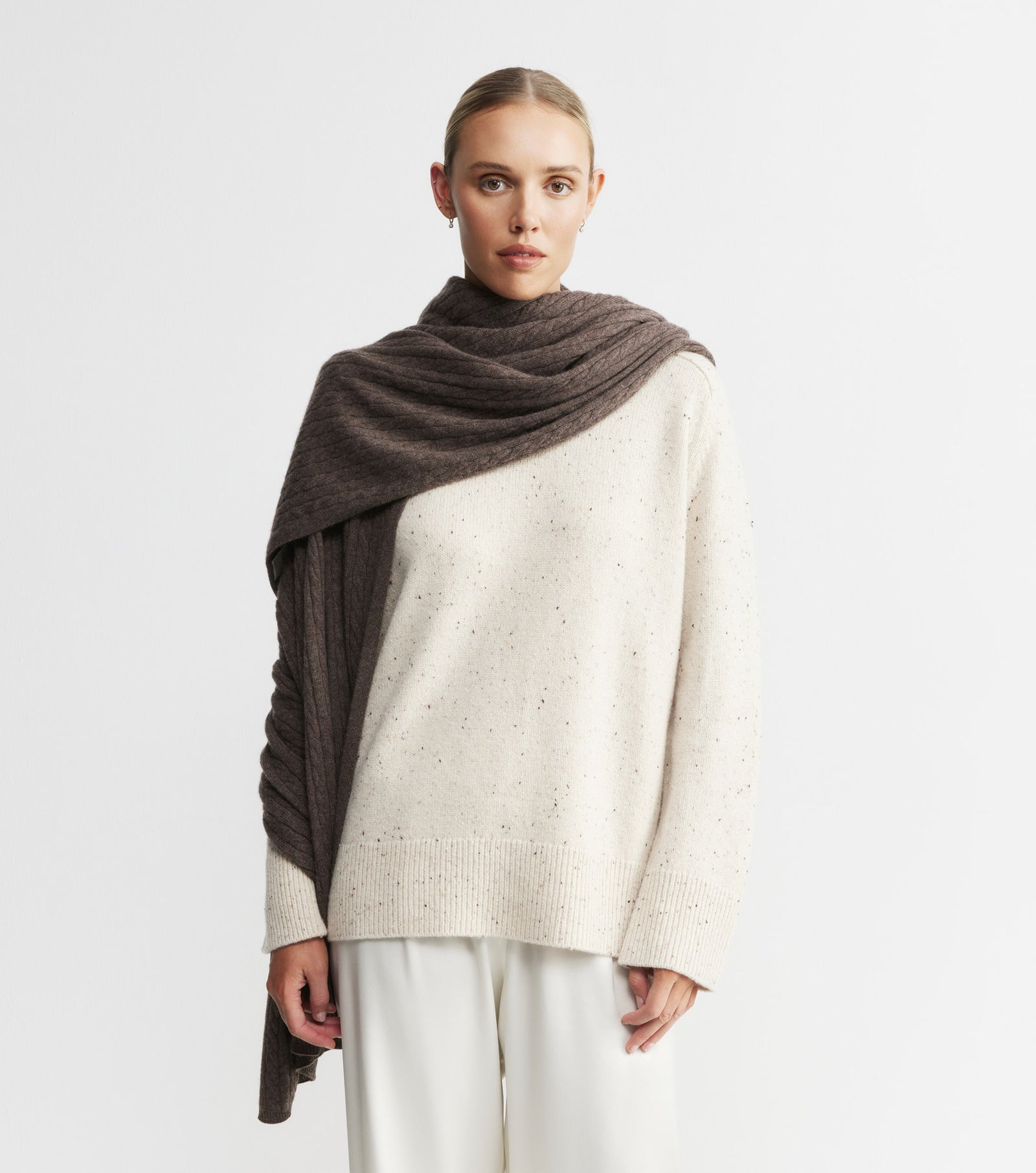 Cashmere Cable Travel Wrap - Brown Melange