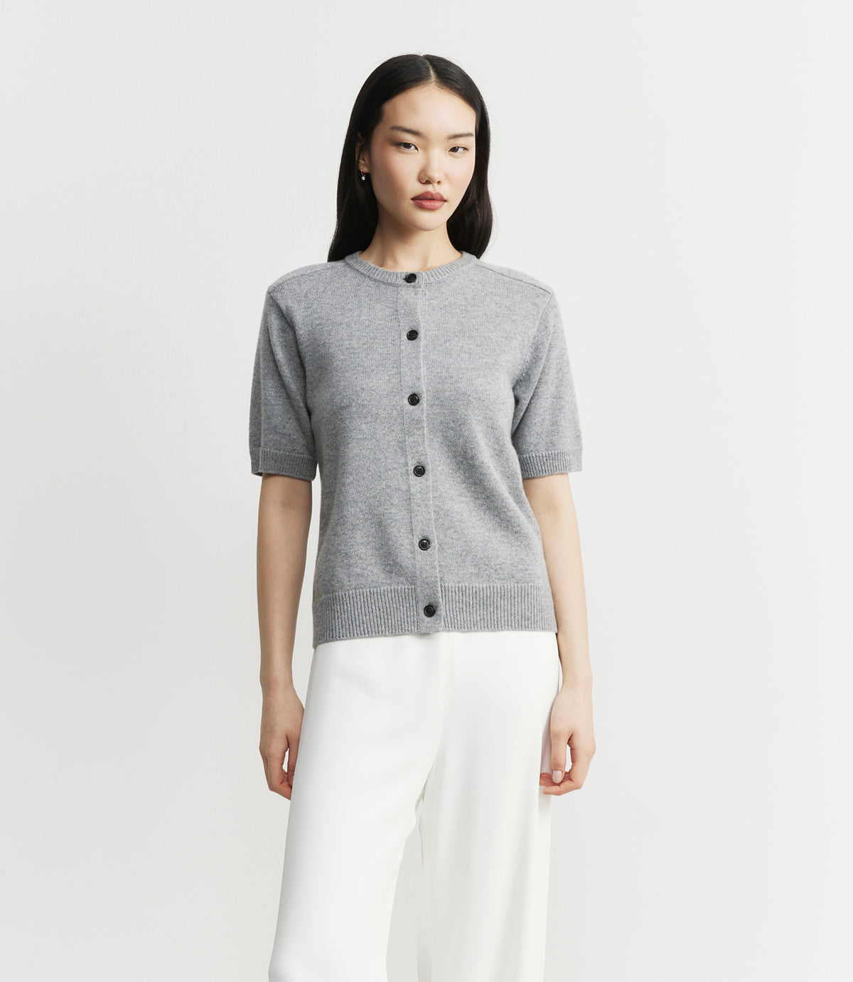 Cashmere Short Sleeve Cardigan - Dark Grey Melange