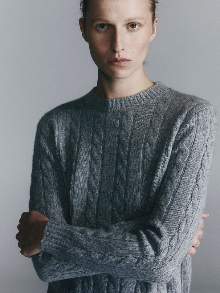 Cashmere Cable Crew - Dark Grey Melange