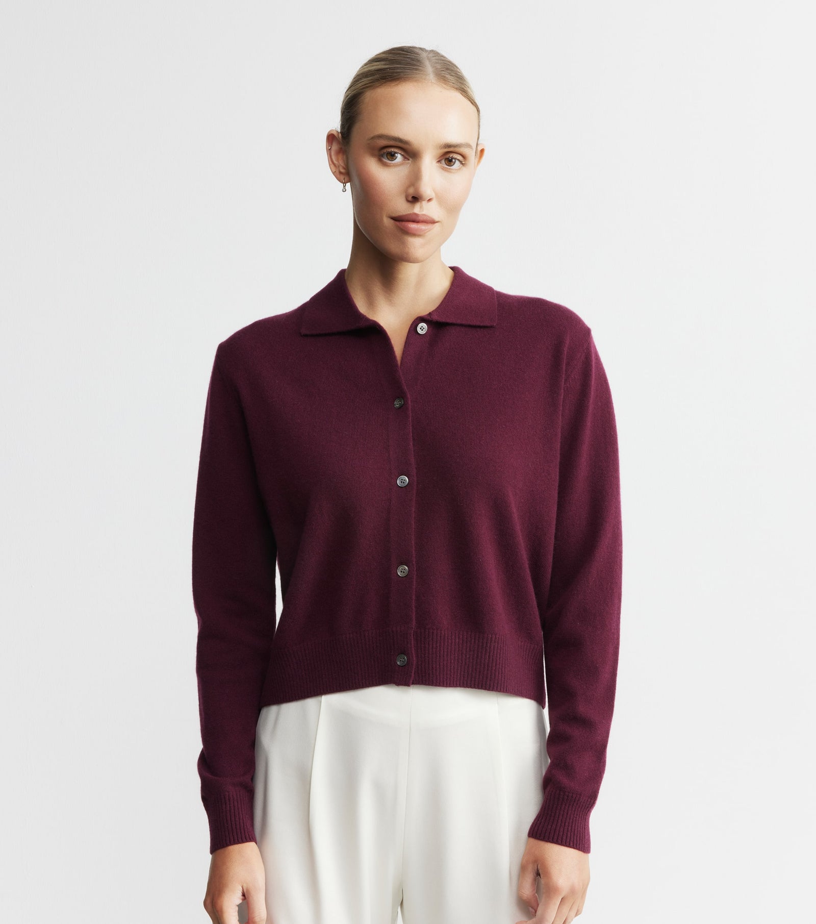 Cashmere Cardigan with Collar - Burgundy