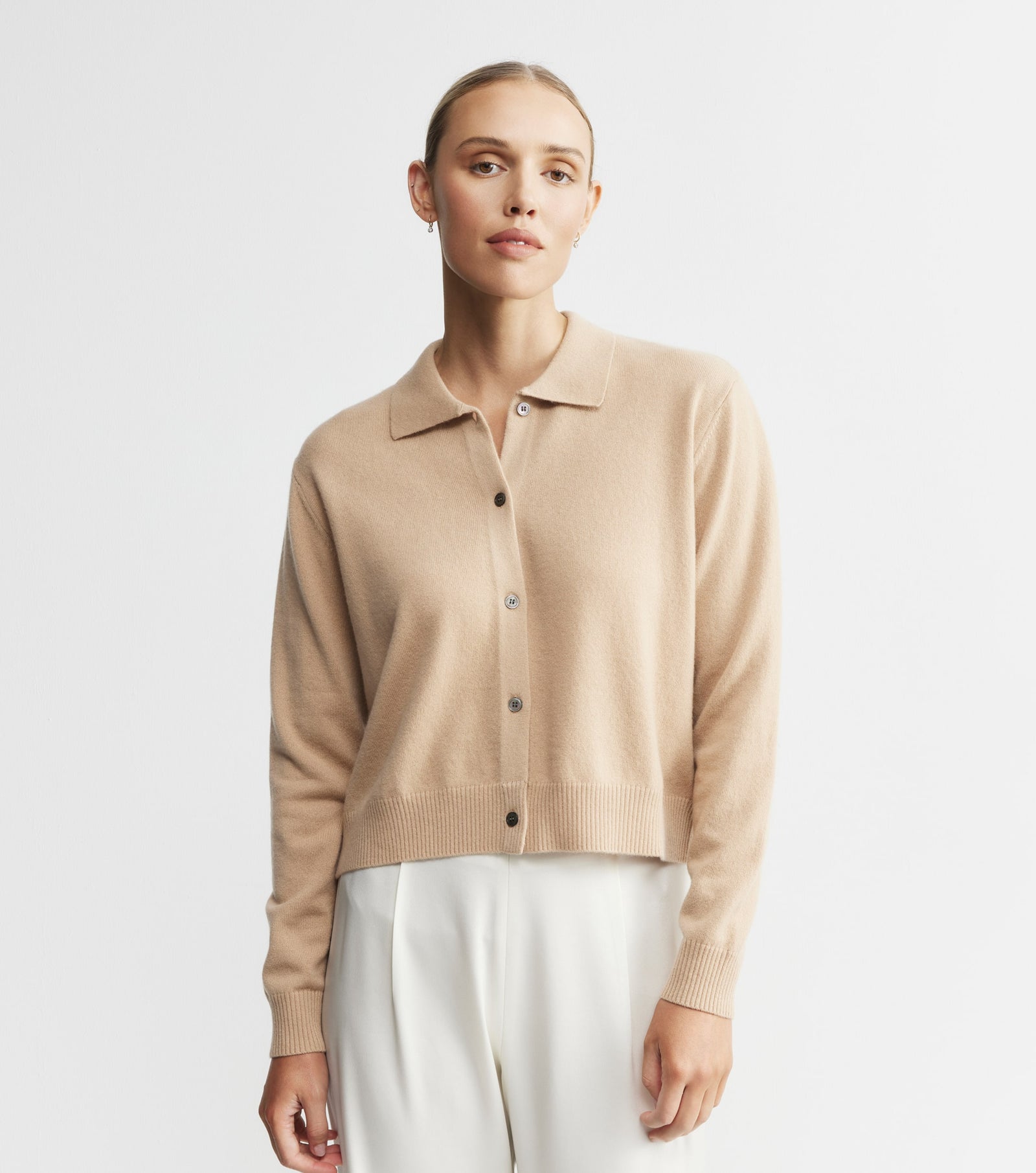 Cashmere Cardigan with Collar - Camel