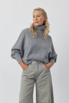 Cashmere Chunky Cropped Mock Neck Sweater - Dark Grey Melange