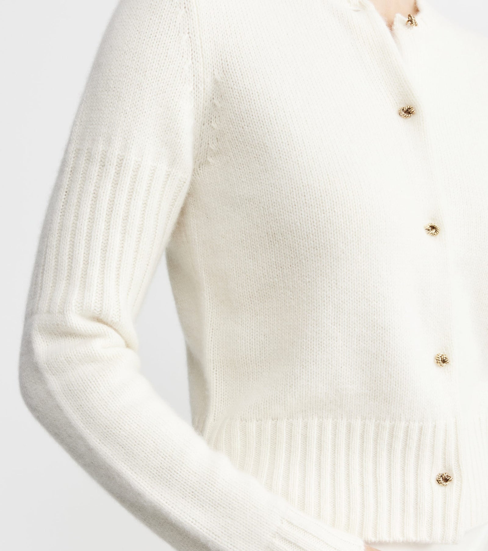 Cashmere Crew Cardigan with Rib Detail - Cream