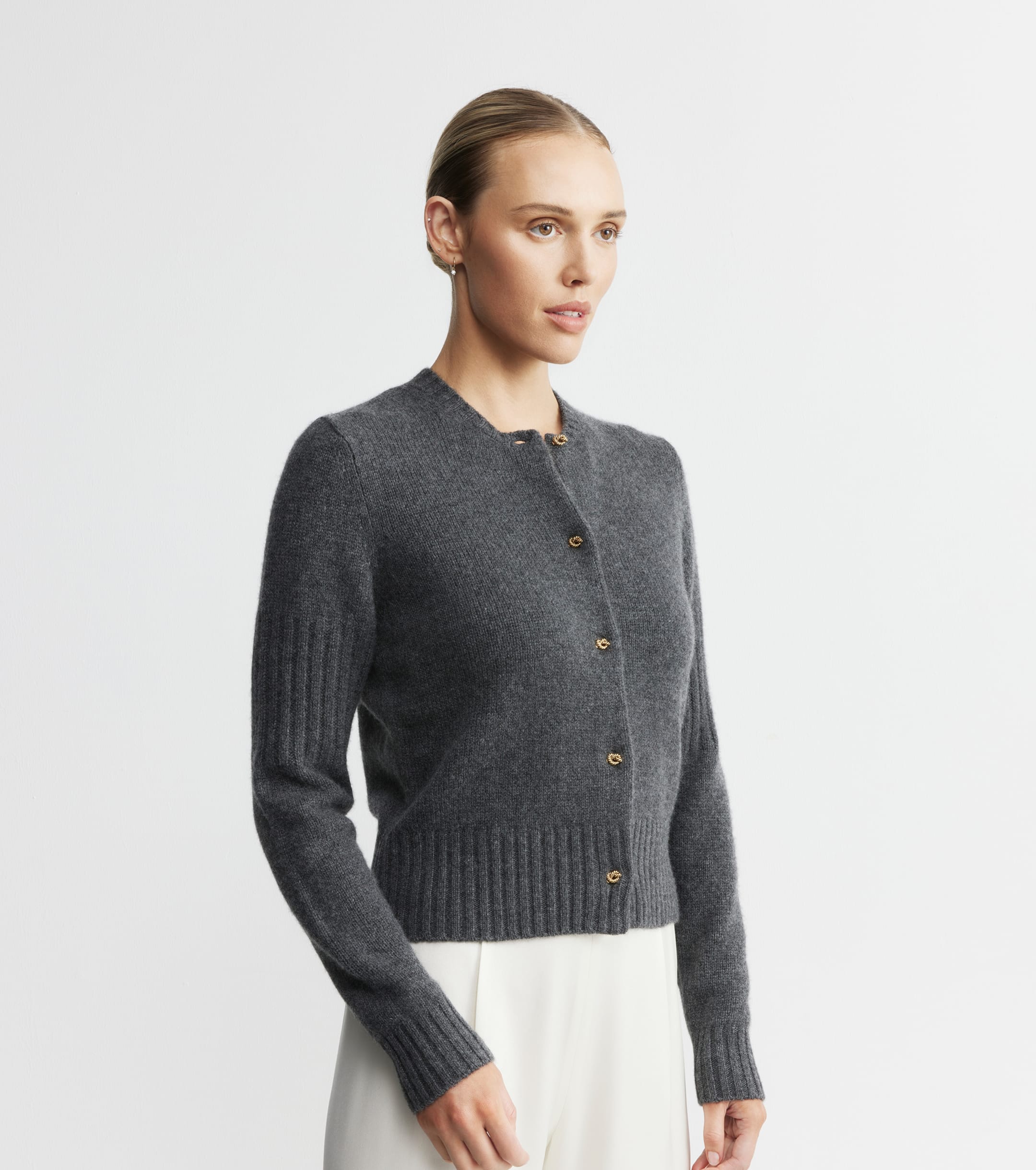Cashmere Crew Cardigan with Rib Detail - Graphite