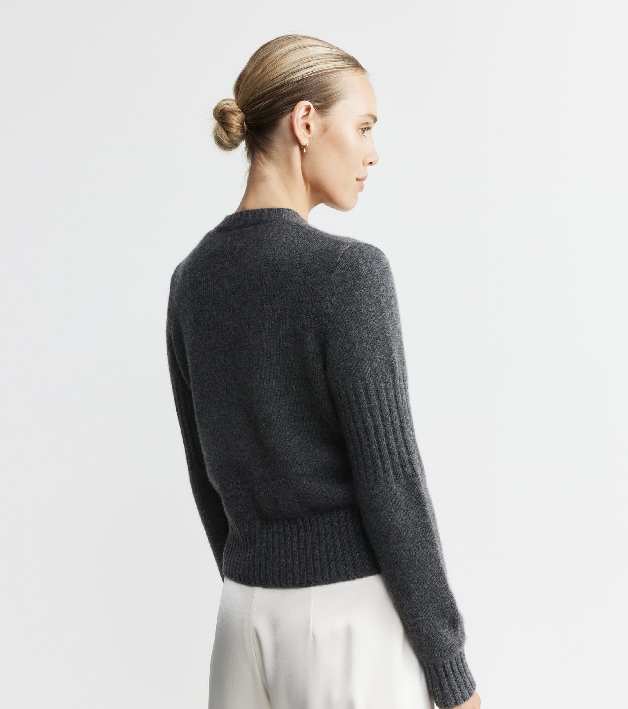 Cashmere Crew Cardigan with Rib Detail - Graphite