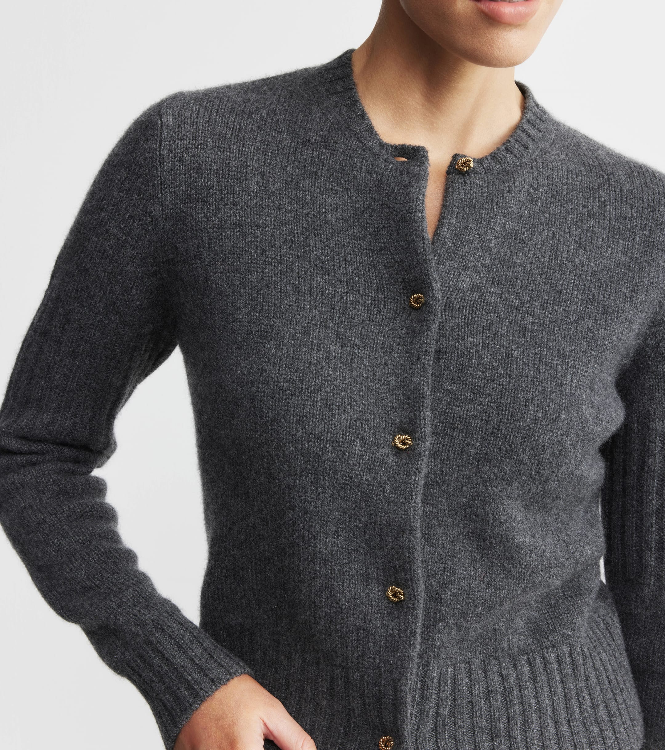 Cashmere Crew Cardigan with Rib Detail - Graphite