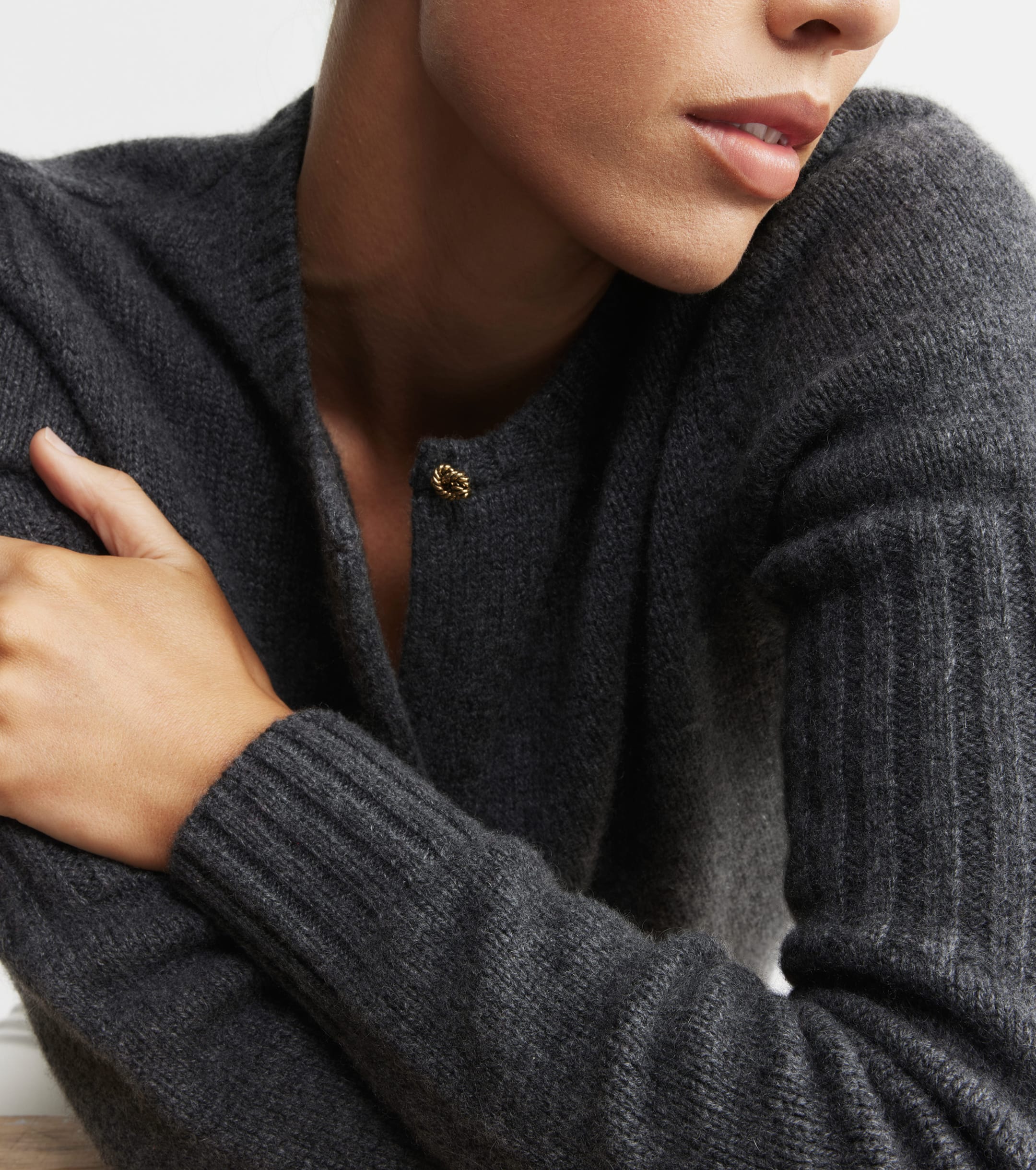 Cashmere Crew Cardigan with Rib Detail - Graphite