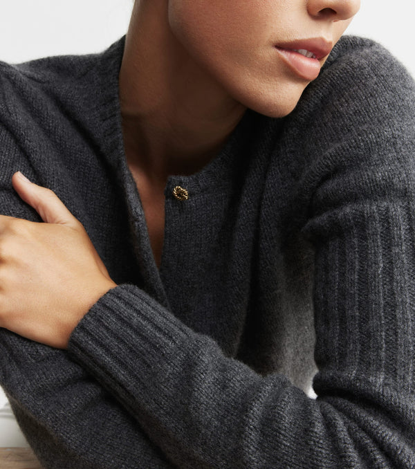 Cashmere Crew Cardigan with Rib Detail - Graphite