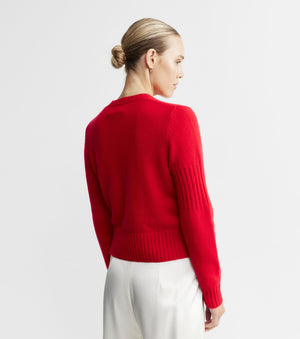 Cashmere Crew Cardigan with Rib Detail - Red