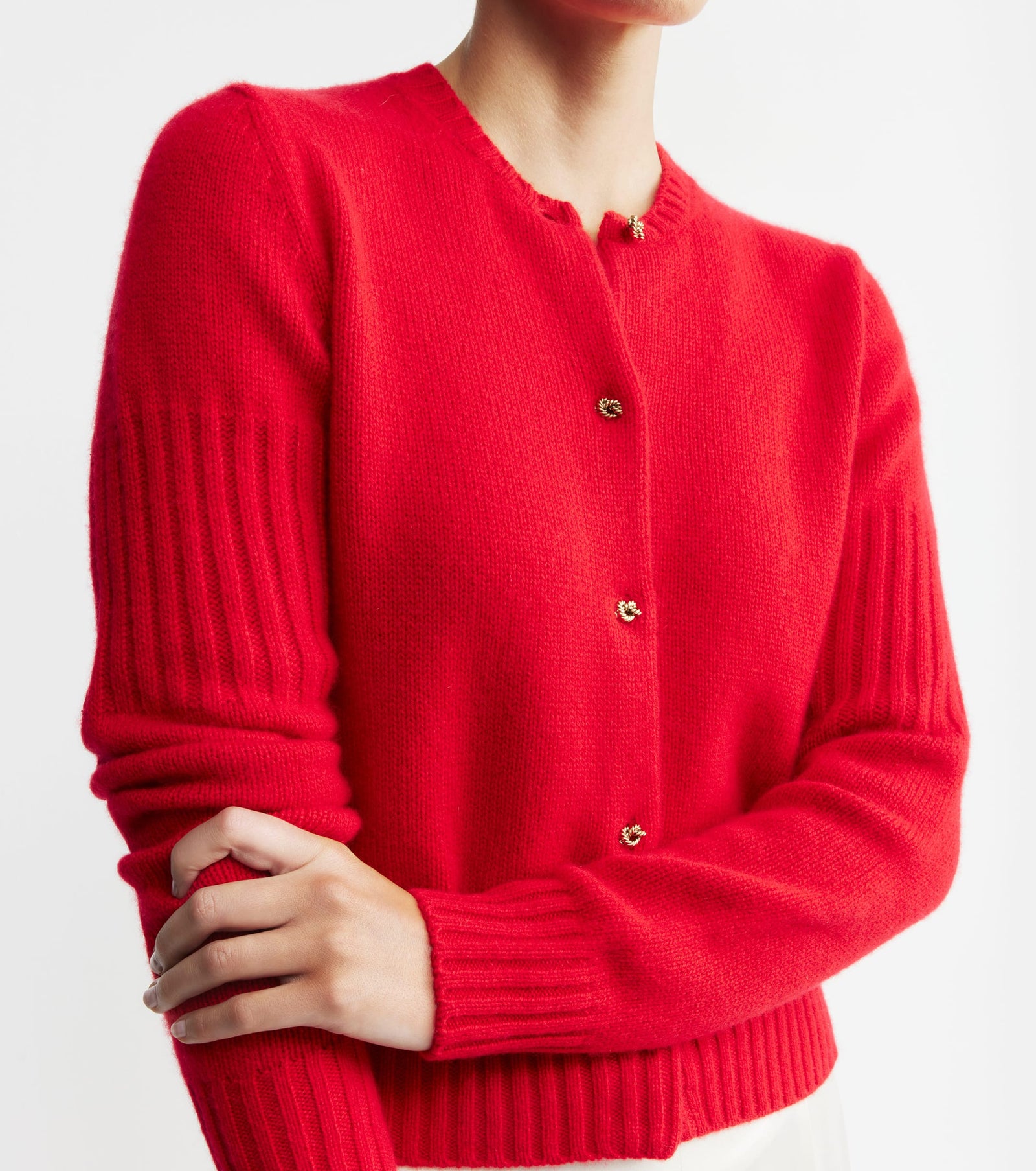 Cashmere Crew Cardigan with Rib Detail - Red
