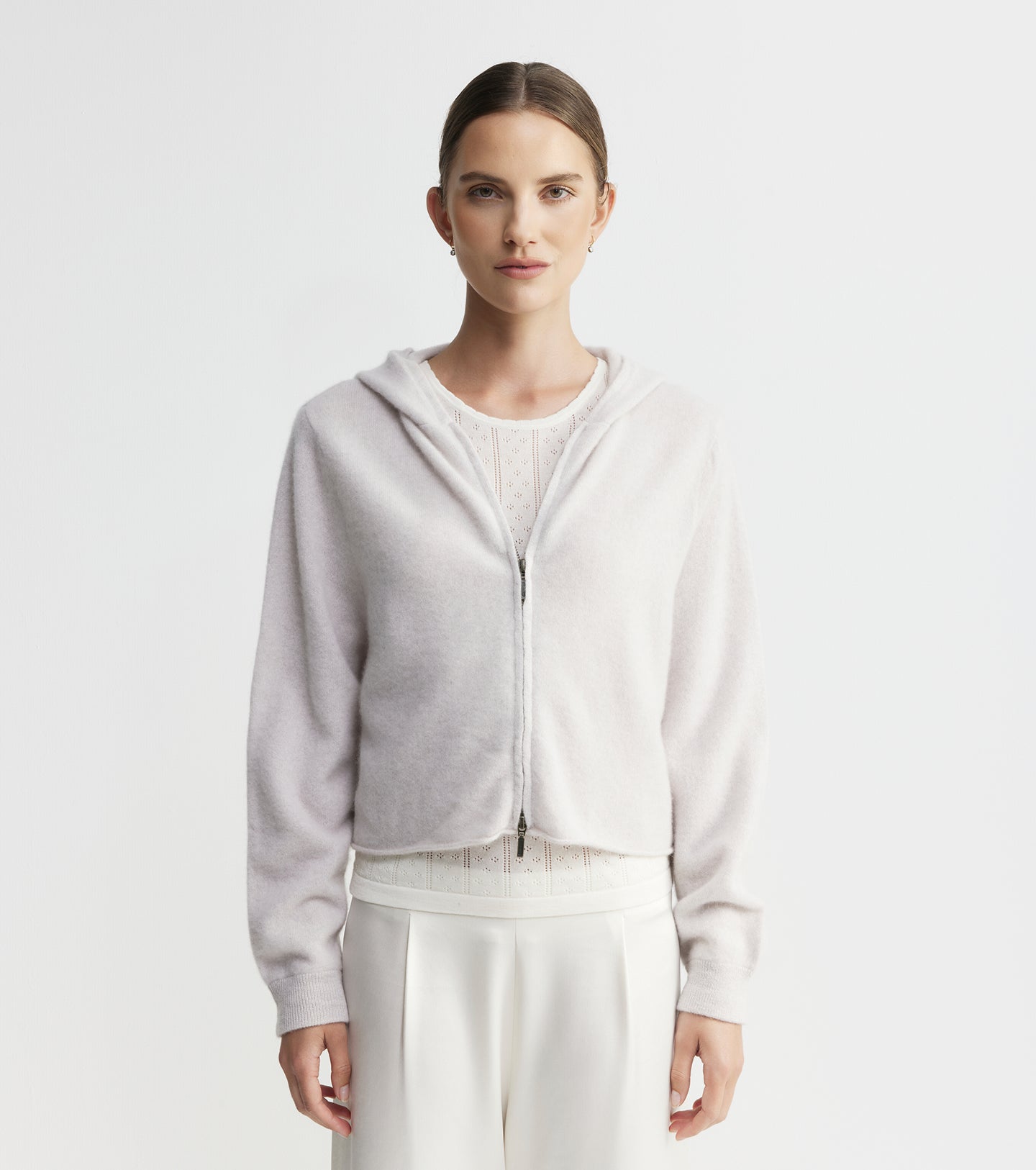Cloud Cashmere Shrunken Zip Hoodie - Pebble