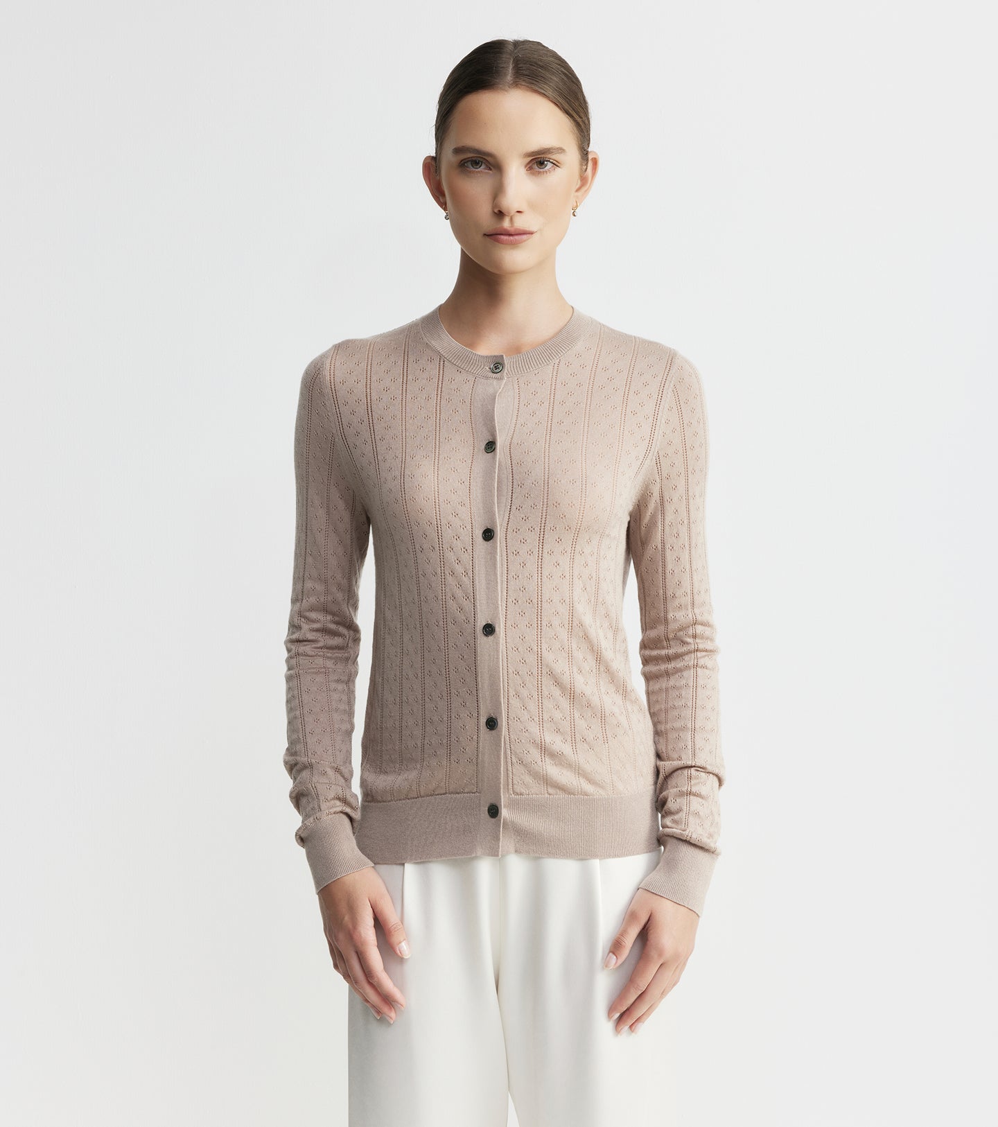 Fine Cashmere Pointelle Cardigan - Taupe