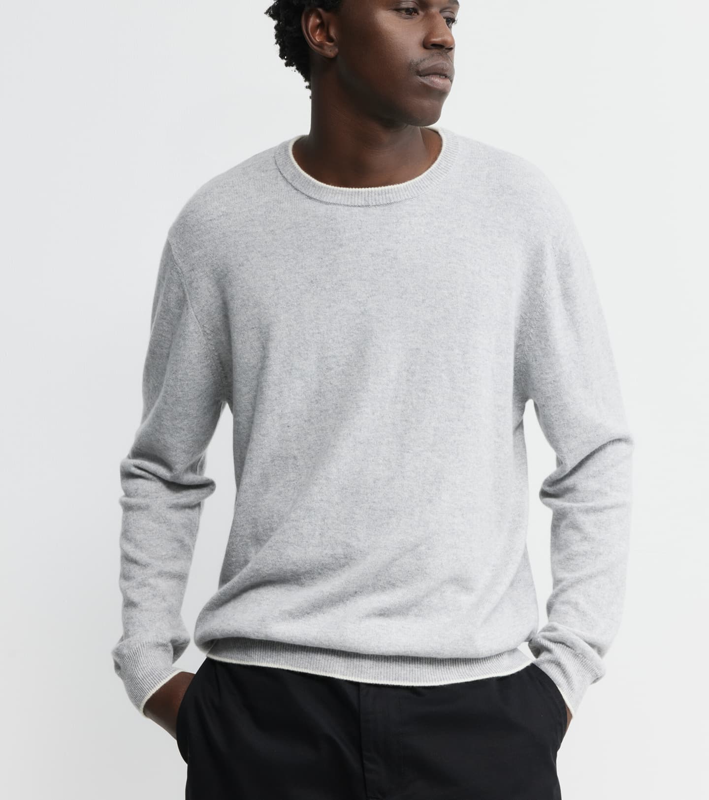 Mens Cashmere Crew w Tipping - Grey Melange/Cream