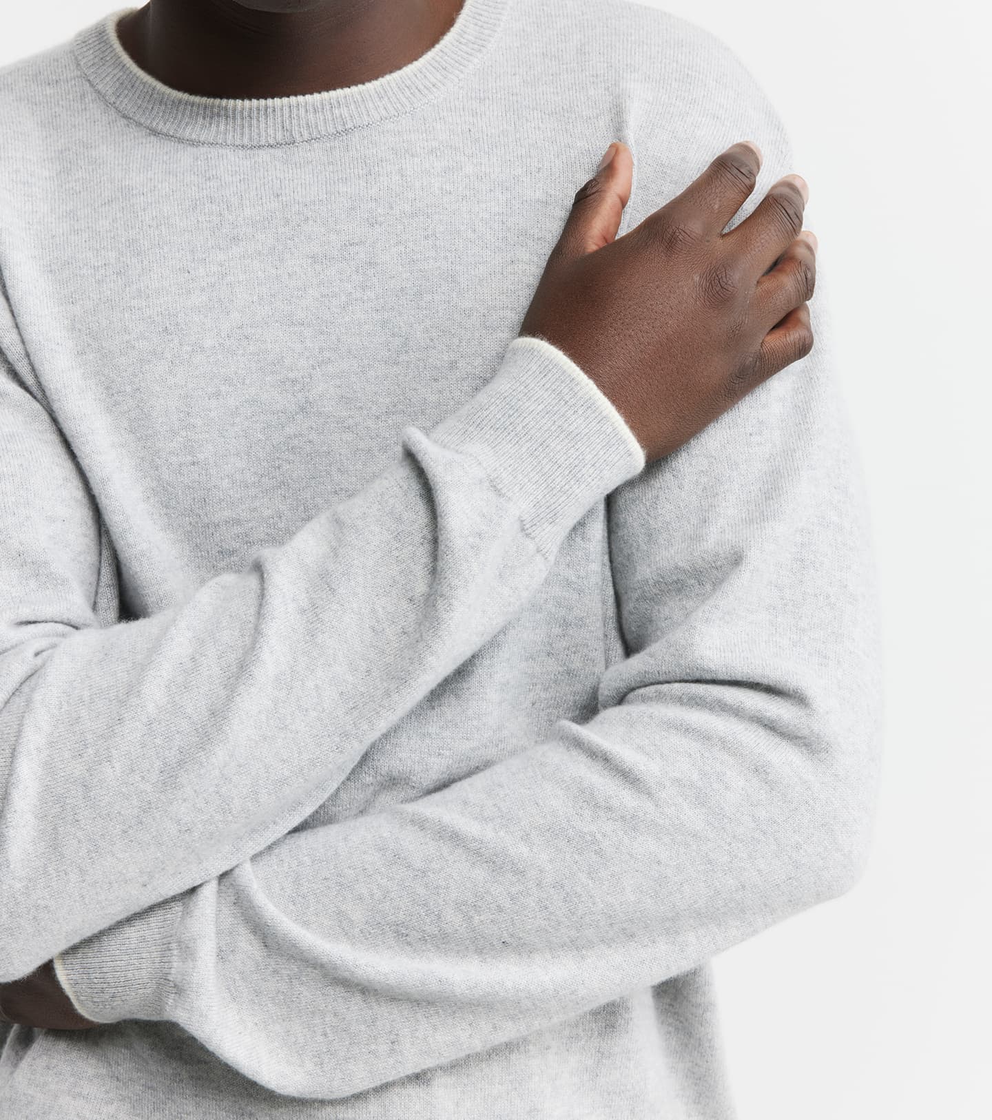 Mens Cashmere Crew w Tipping - Grey Melange/Cream
