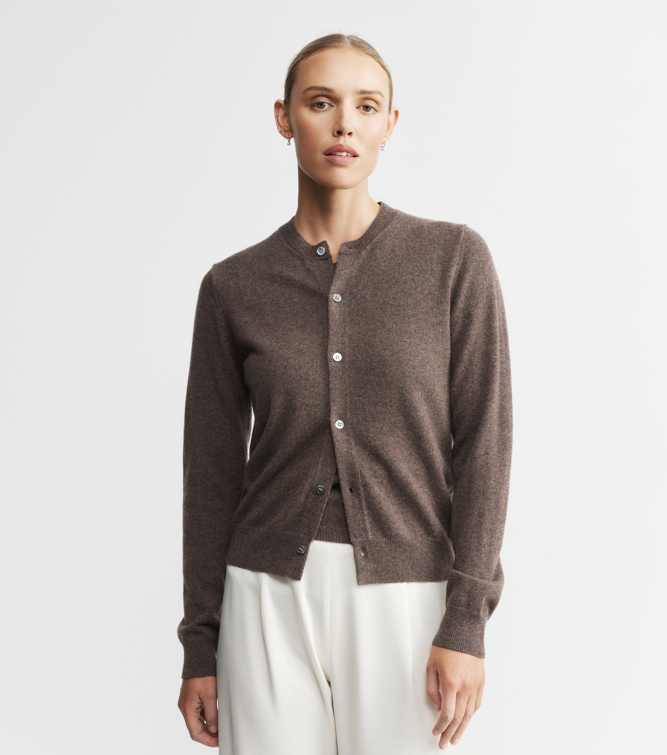 Essential Cashmere Crew Cardigan - Brown Melange