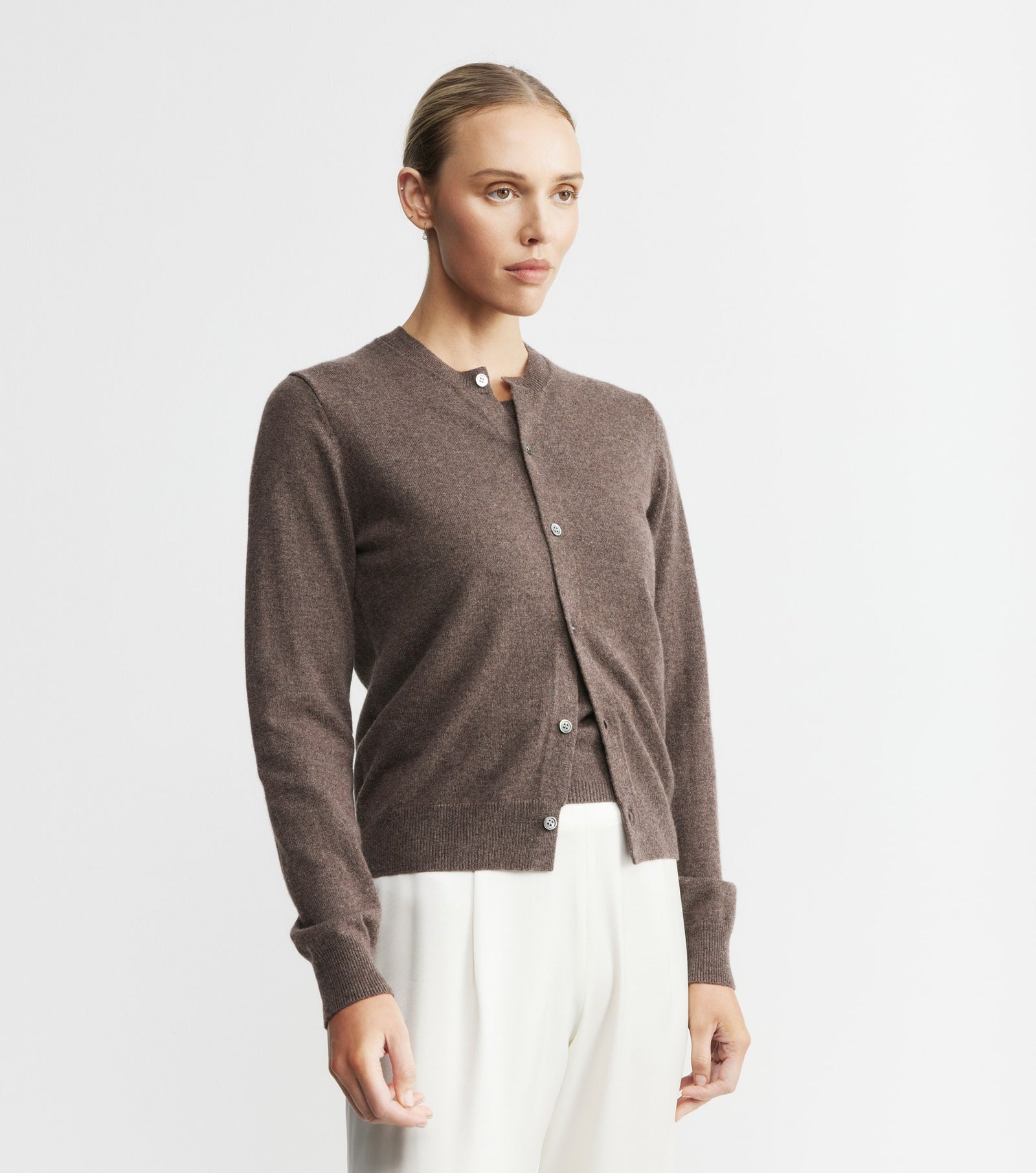 Essential Cashmere Crew Cardigan - Brown Melange