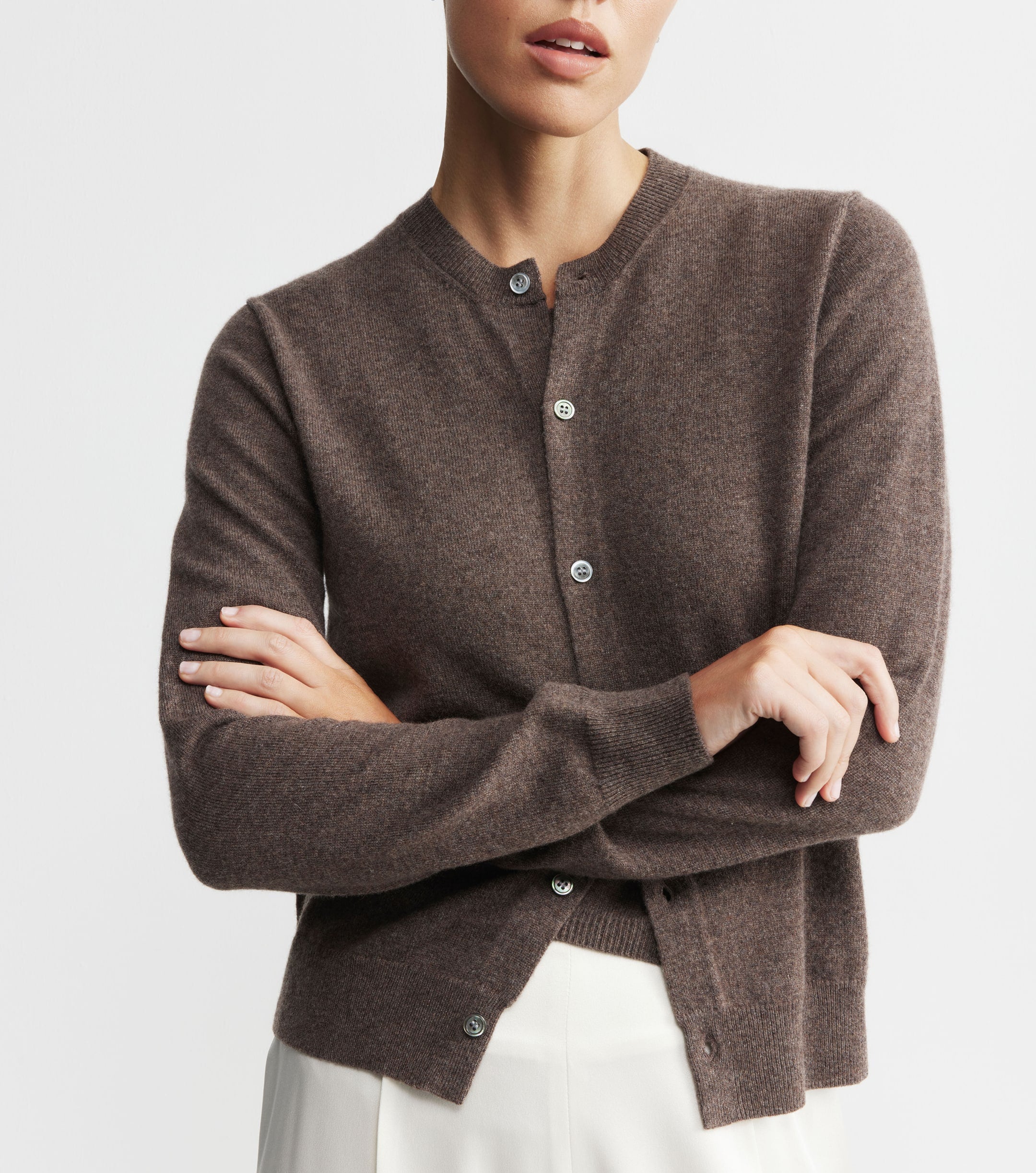 Essential Cashmere Crew Cardigan - Brown Melange