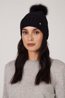  Cashmere Pom Pom Beanie - Black