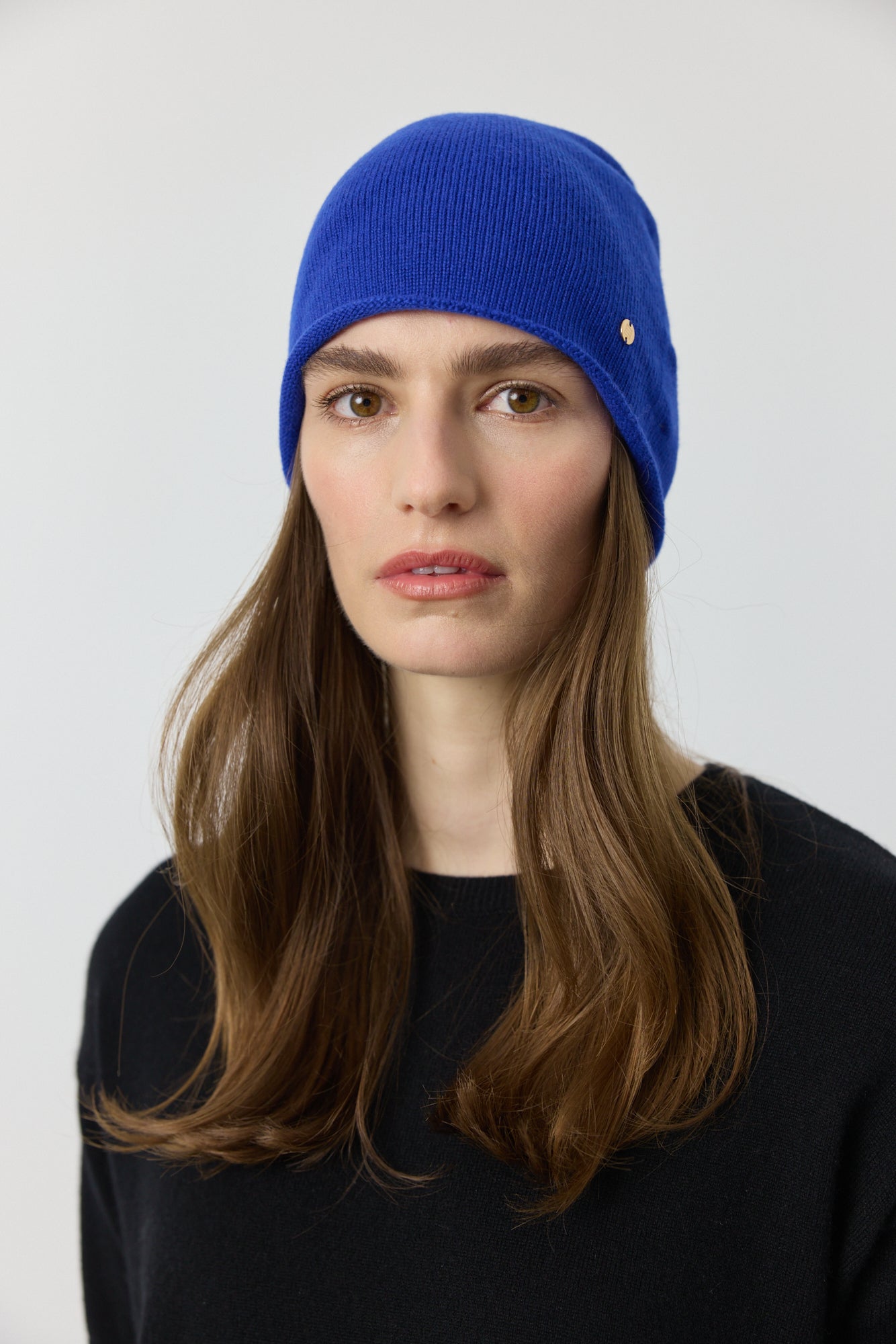 Cashmere Natural Roll Beanie - Cobalt