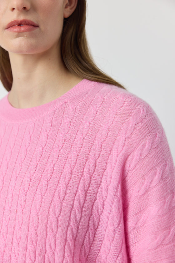 Relaxed Cashmere Cable Crew - Pink Conch