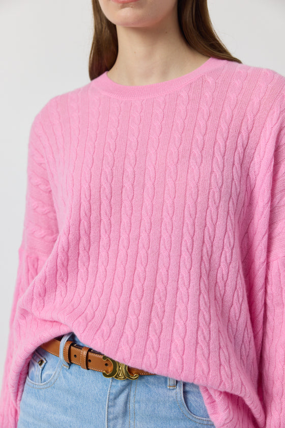 Relaxed Cashmere Cable Crew - Pink Conch