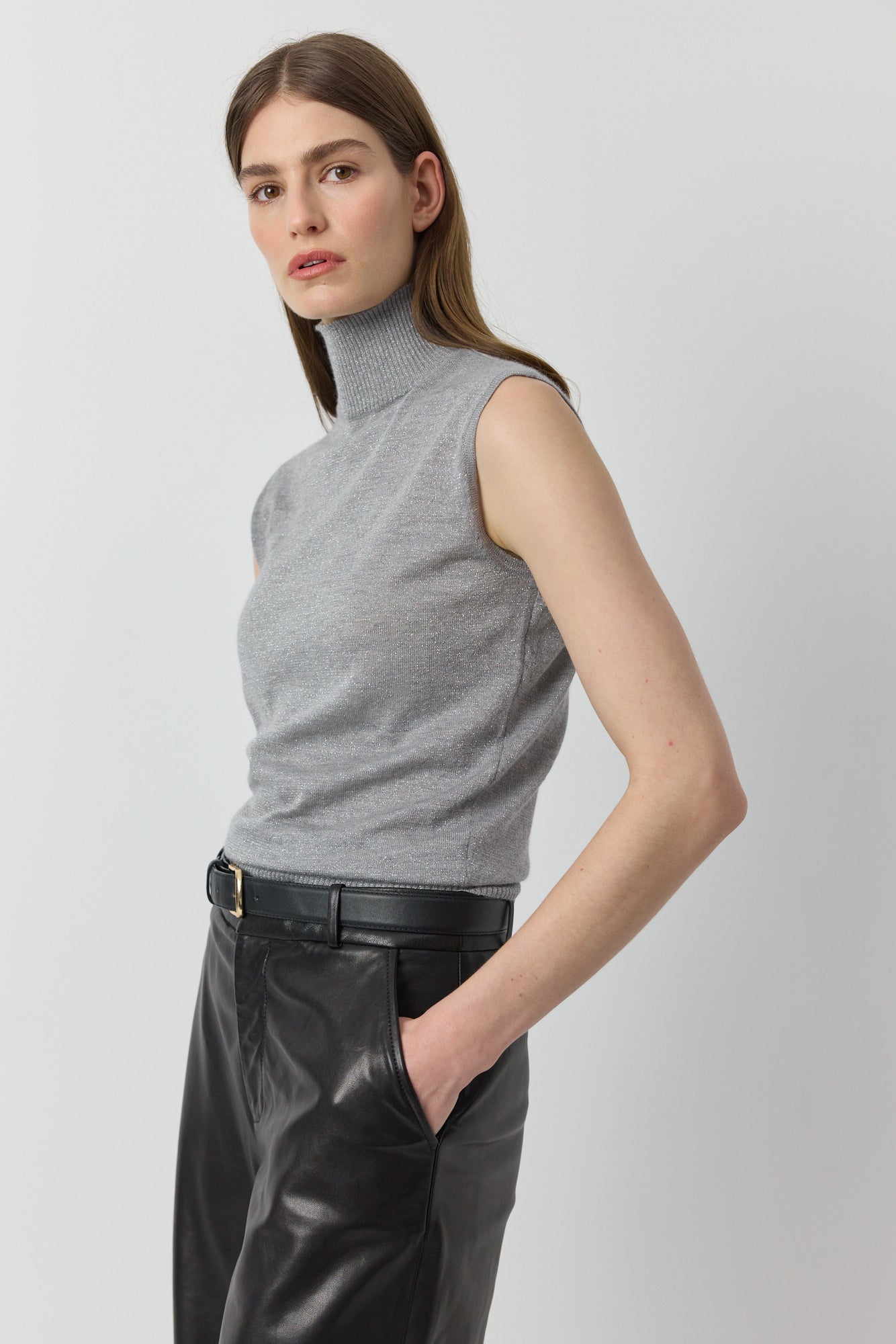 Cashmere Lurex Mock Neck Tank - Grey Melange/Silver