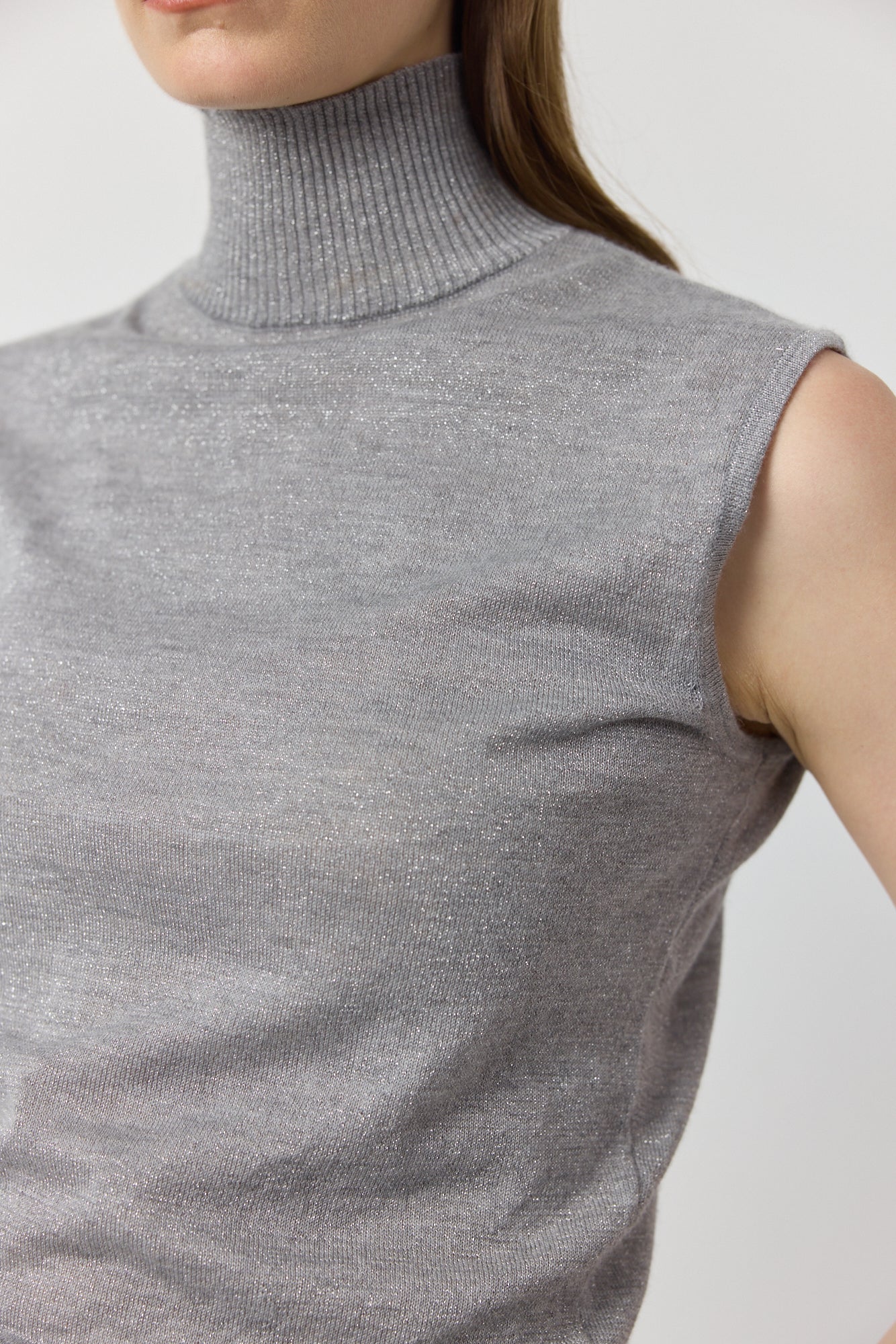 Cashmere Lurex Mock Neck Tank - Grey Melange/Silver