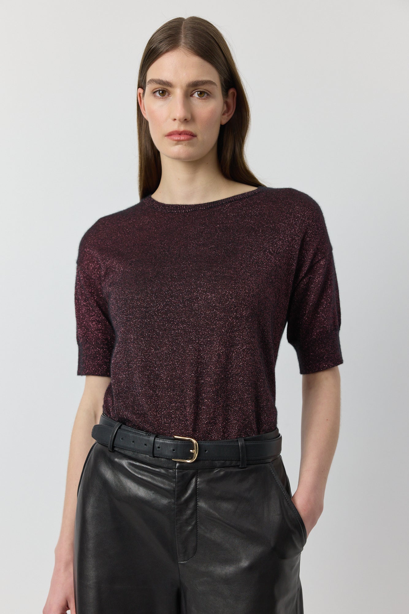 Cashmere Lurex Crew Tee - Black/Crimson Lurex