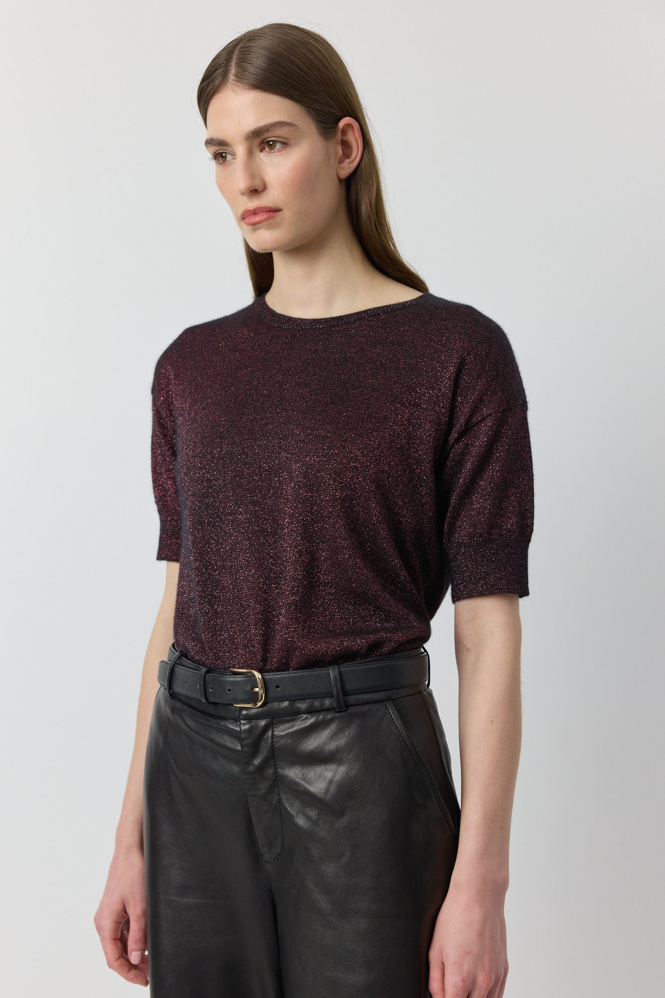 Cashmere Lurex Crew Tee - Black/Crimson Lurex