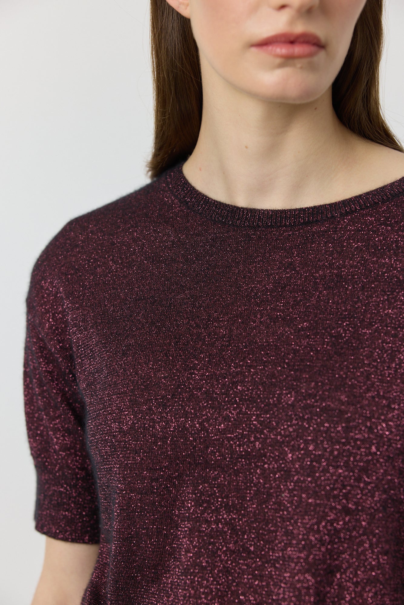 Cashmere Lurex Crew Tee - Black/Crimson Lurex