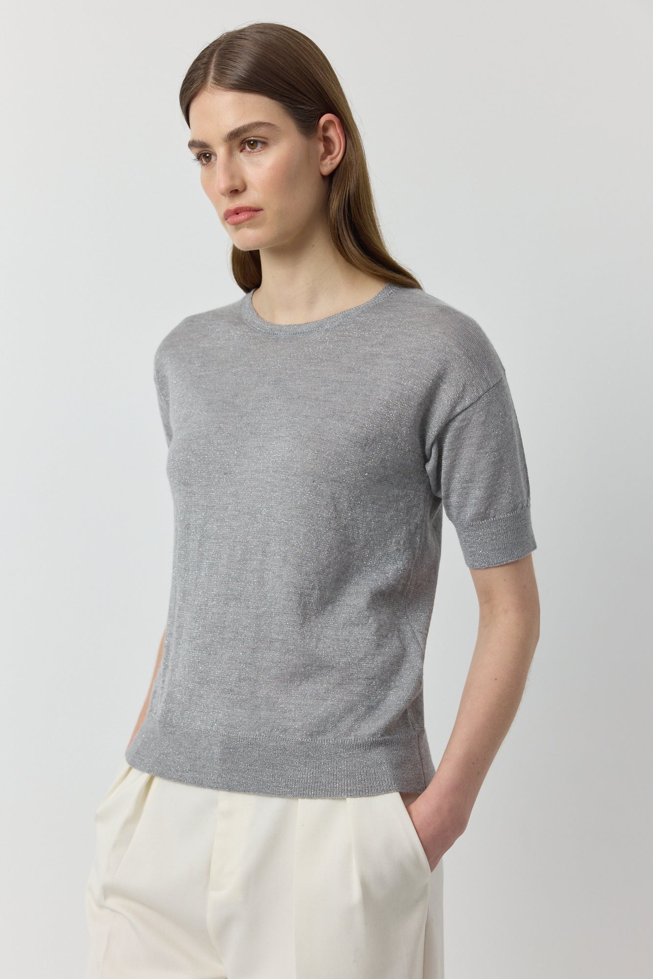 Cashmere Lurex Crew Tee - Grey Melange/Silver Lurex