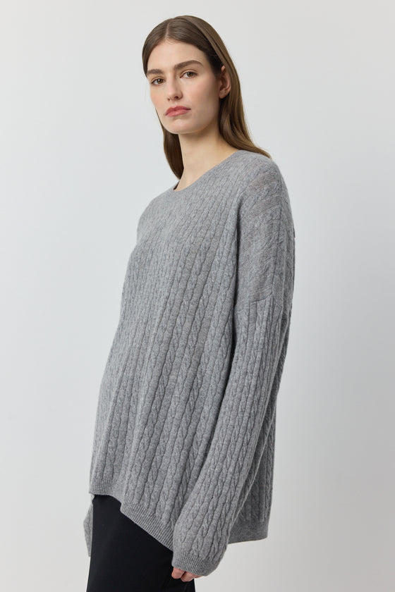 Relaxed Cashmere Cable Crew - Dark Grey Melange