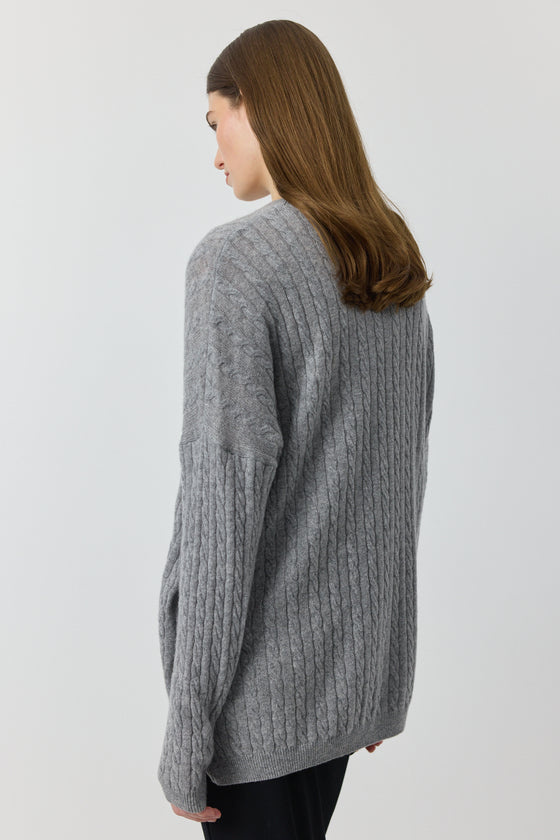 Relaxed Cashmere Cable Crew - Dark Grey Melange