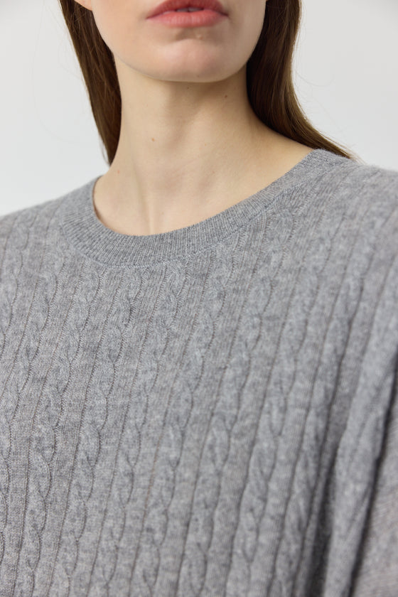 Relaxed Cashmere Cable Crew - Dark Grey Melange