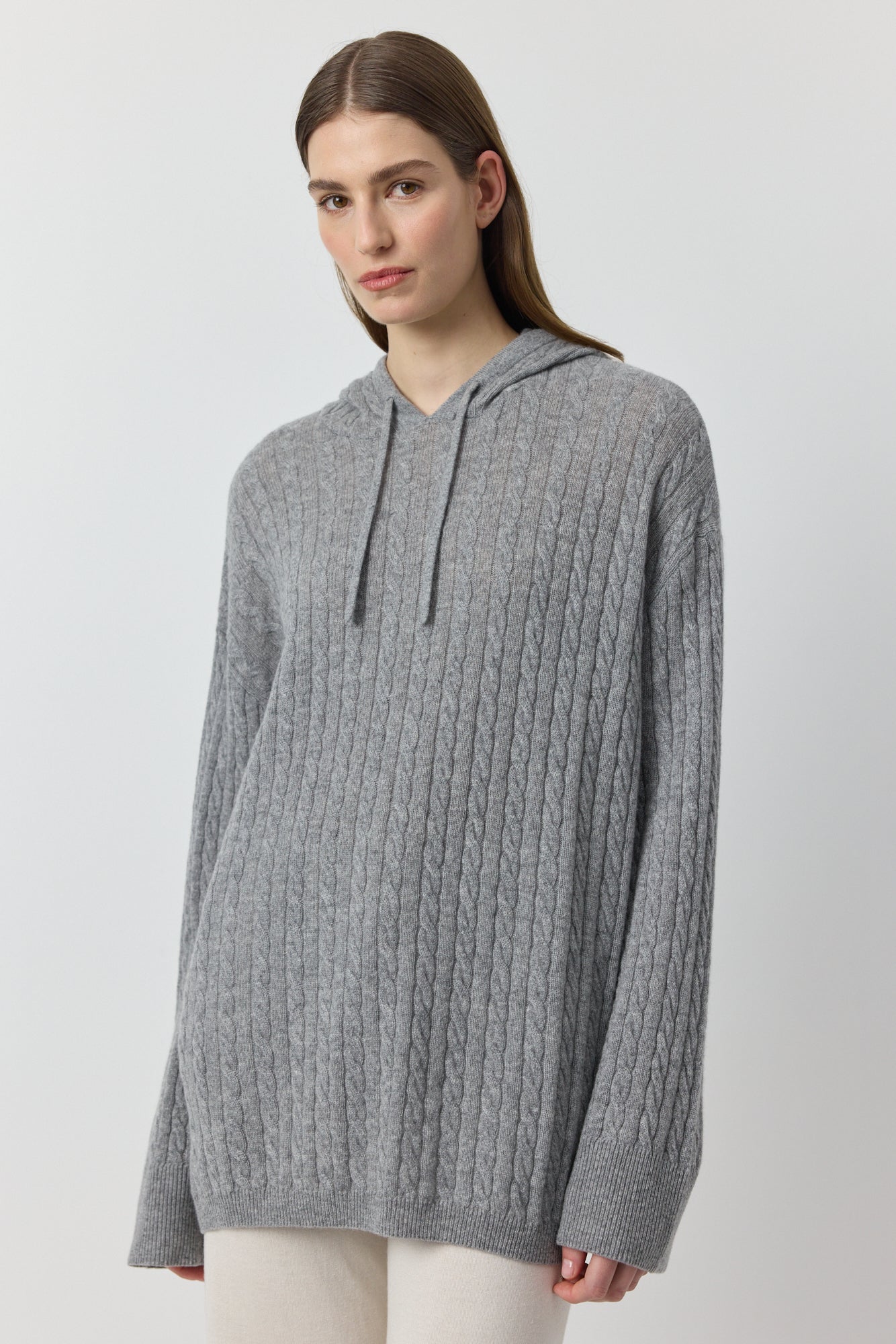 Relaxed Cashmere Cable Hoodie - Dark Grey Melange