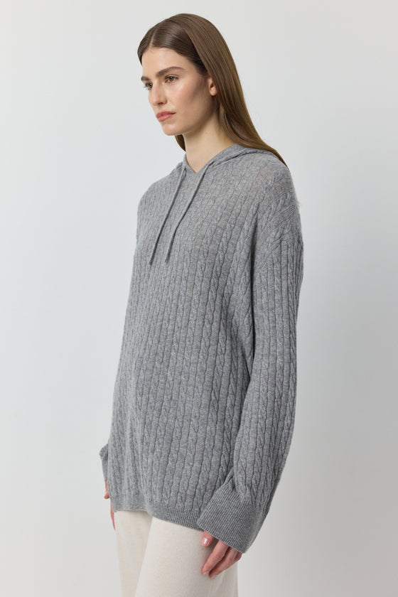 Relaxed Cashmere Cable Hoodie - Dark Grey Melange