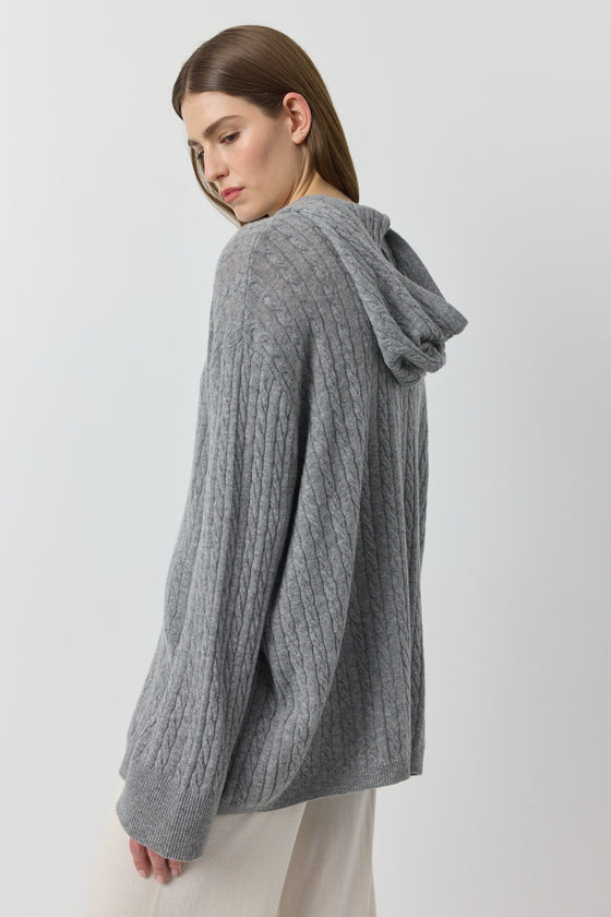 Relaxed Cashmere Cable Hoodie - Dark Grey Melange