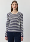 Silk Cashmere Long Sleeve Stripe Tee - Navy/White