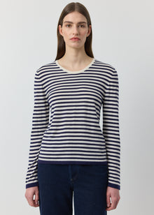  Silk Cashmere Long Sleeve Stripe Tee - Navy/White