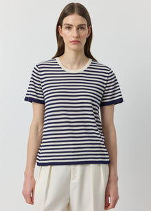  Silk Cashmere Short Sleeve Stripe Tee - Navy/White