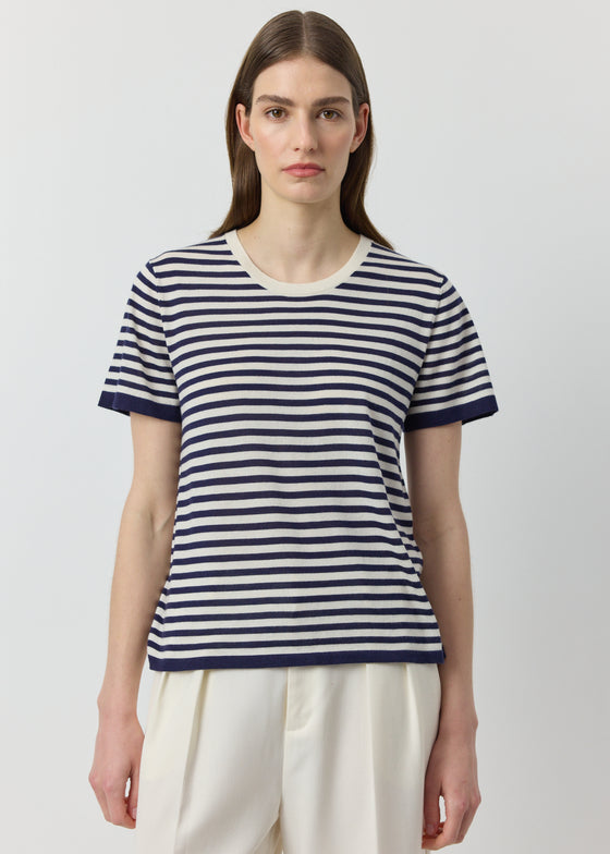 Silk Cashmere Short Sleeve Stripe Tee - Navy/White