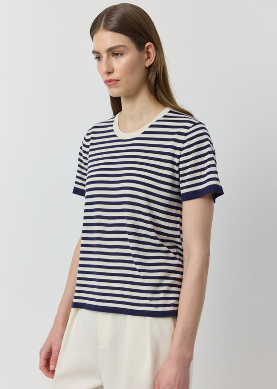 Silk Cashmere Short Sleeve Stripe Tee - Navy/White