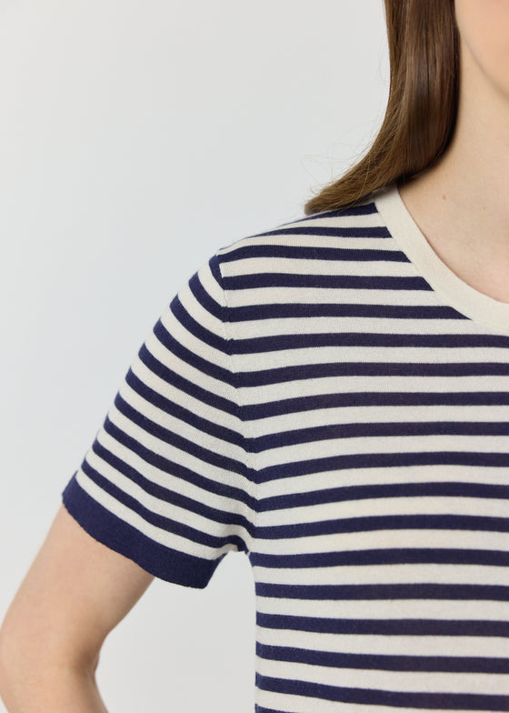 Silk Cashmere Short Sleeve Stripe Tee - Navy/White